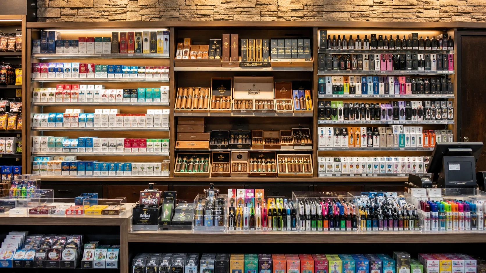 Tobacco, cigars, and vaping products display